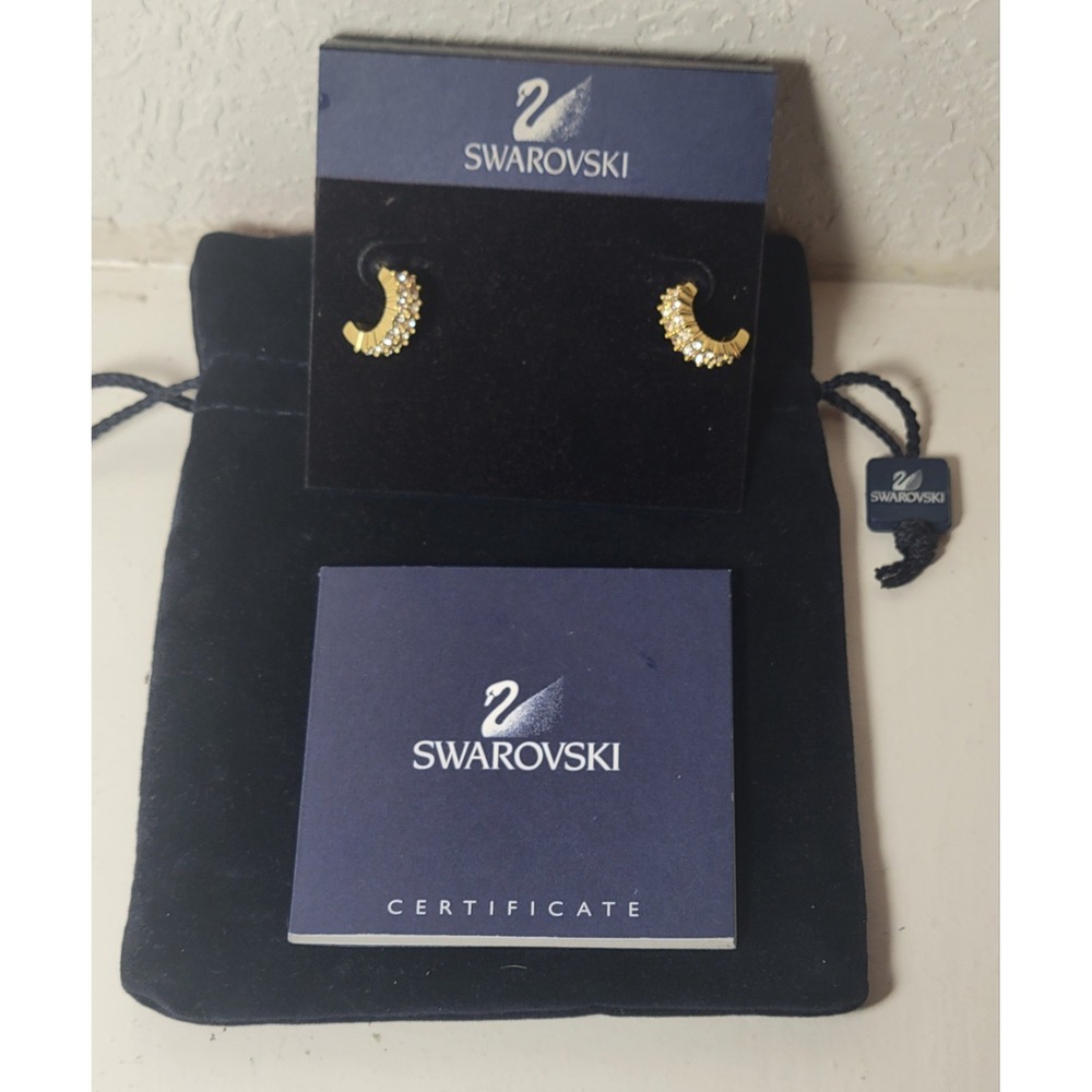 Swarovski Crystal Pierced Wide Band Earrings Authentic‎ Gold Tone - Read